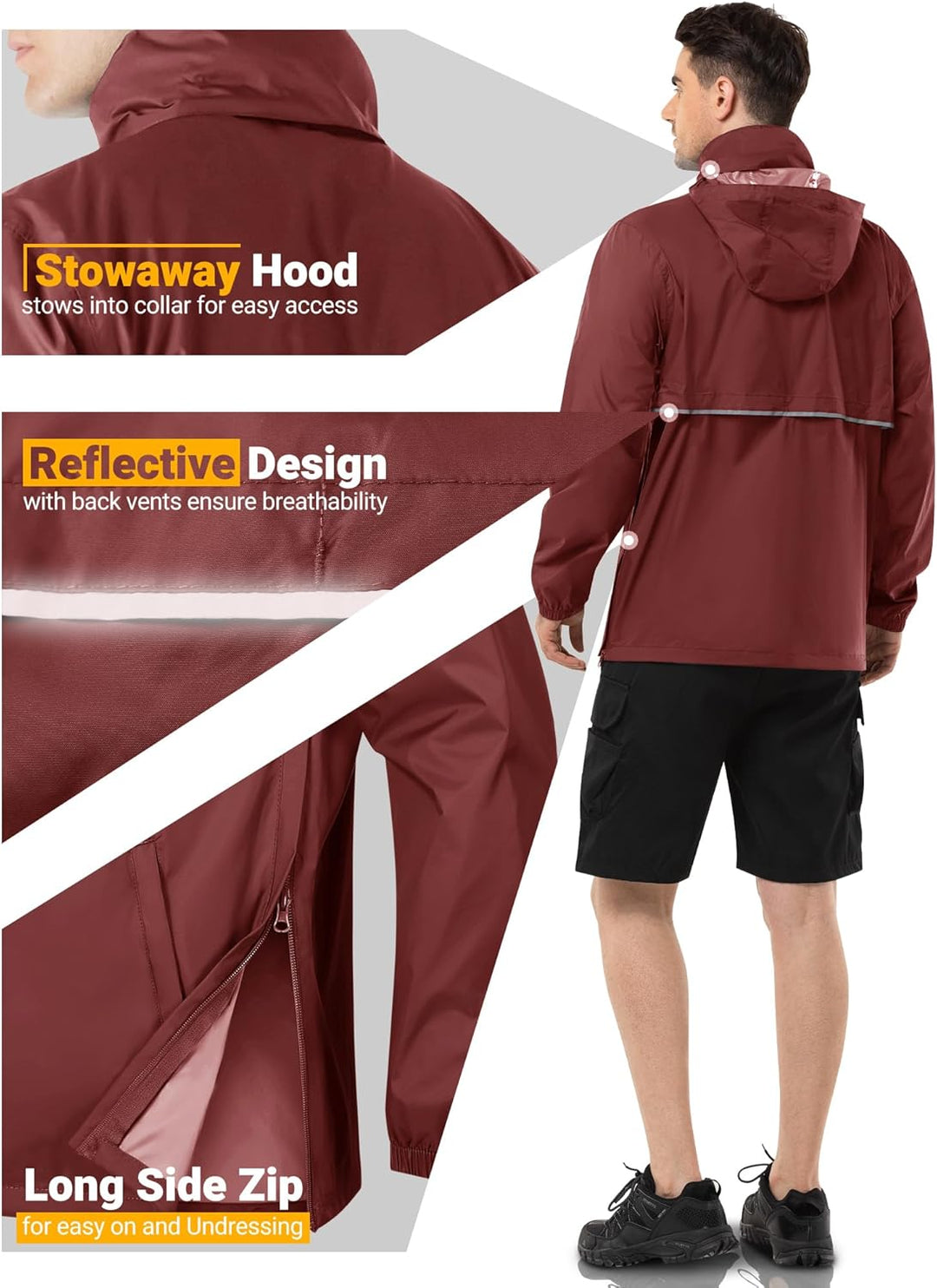 Outdoor Ventures Herren Regenjacke Wasserdichter Pullover mit Kapuze Packbare Reflektierende Jacke L
