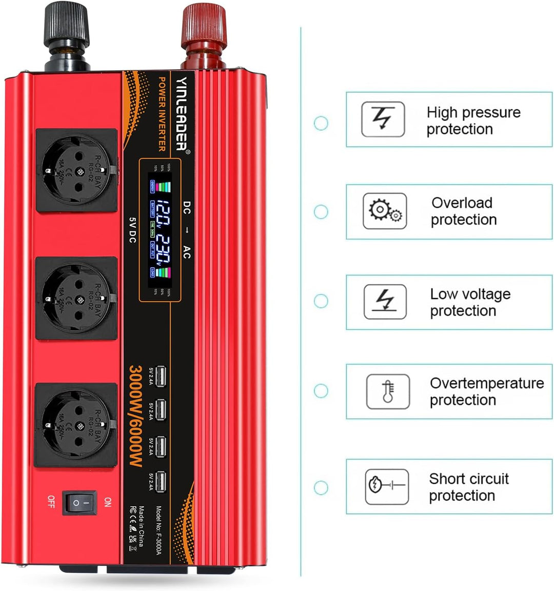Wechselrichter 12V 230V 3000W /6000W Wechselrichter Fernbedienung 4X USB und LCD 3 AC Steckdosen Mod