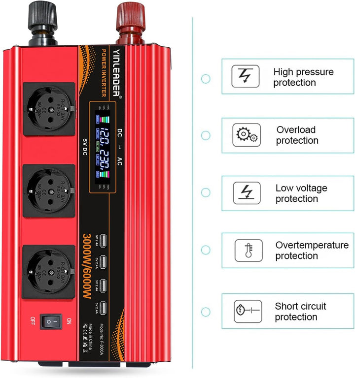 Wechselrichter 12V 230V 3000W /6000W Wechselrichter Fernbedienung 4X USB und LCD 3 AC Steckdosen Mod