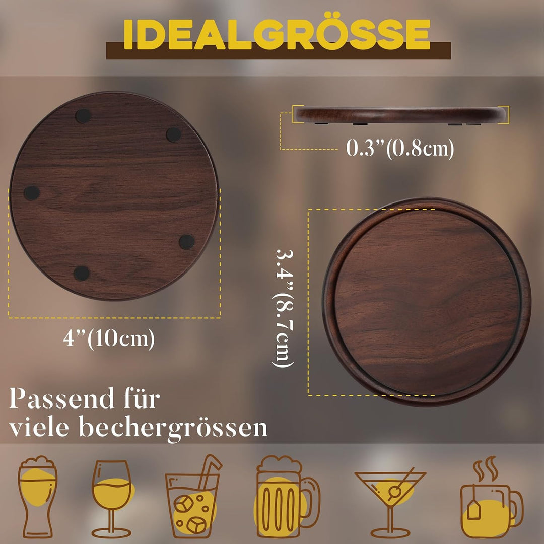 GOH DODD Getränkeuntersetzer aus Holz mit Lederhalter, 10,2 cm, 8 Stück, Holz-Untersetzer, Tassenunt