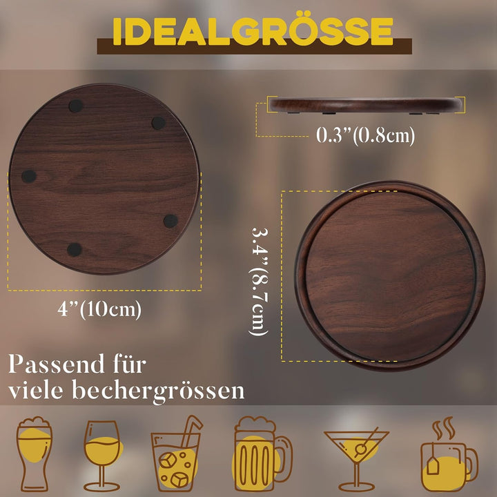 GOH DODD Getränkeuntersetzer aus Holz mit Lederhalter, 10,2 cm, 8 Stück, Holz-Untersetzer, Tassenunt