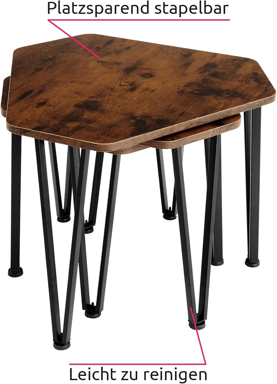 tectake Beistelltisch 3er Set, sechseckiger Couchtisch in 3 Grössen, Industrie-Stil, Holz Satztische