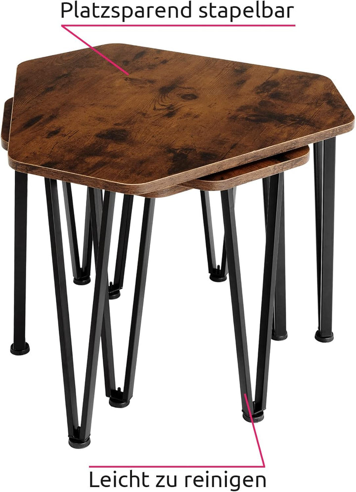 tectake Beistelltisch 3er Set, sechseckiger Couchtisch in 3 Grössen, Industrie-Stil, Holz Satztische