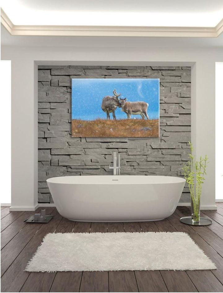 Pixxprint Rentiere die miteinander schmusen / 100x70cm Leinwandbild bespannt auf Holzrahmen/Wandbild