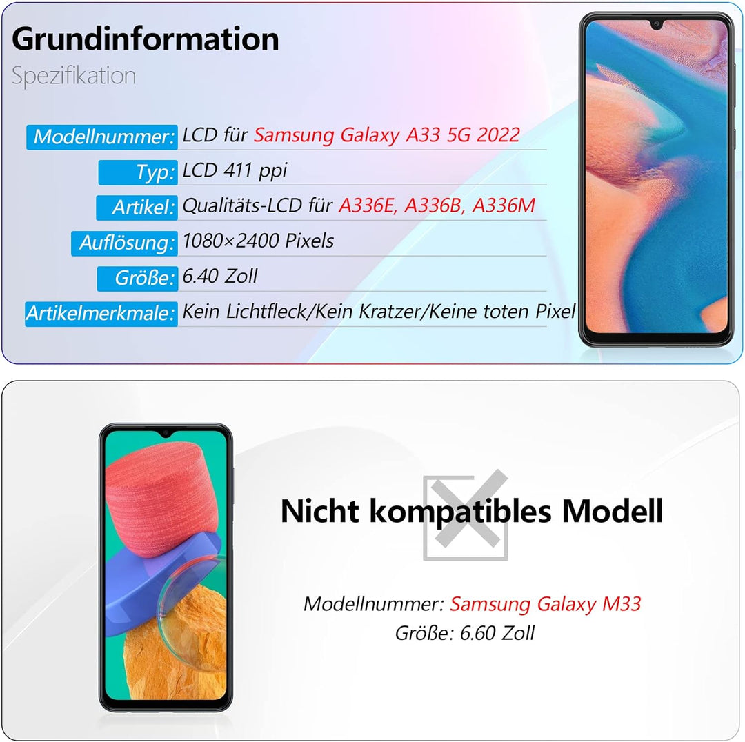 RongZy Display für Samsung Galaxy A33 5G A336B LCD Bildschirmersatz Digitizer Touchscreen Montiert E