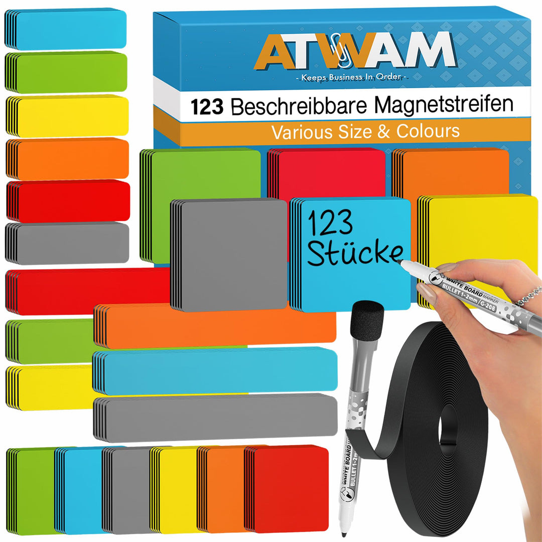 ATWAM - 123 Beschreibbare Magnete - Zubehör MEGA Set - 4 Verschiedene Grössen - 6 Magnetstreifen Bes