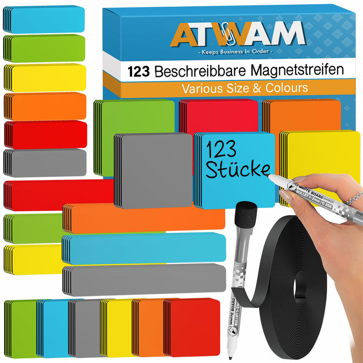 ATWAM - 123 Beschreibbare Magnete - Zubehör MEGA Set - 4 Verschiedene Grössen - 6 Magnetstreifen Bes