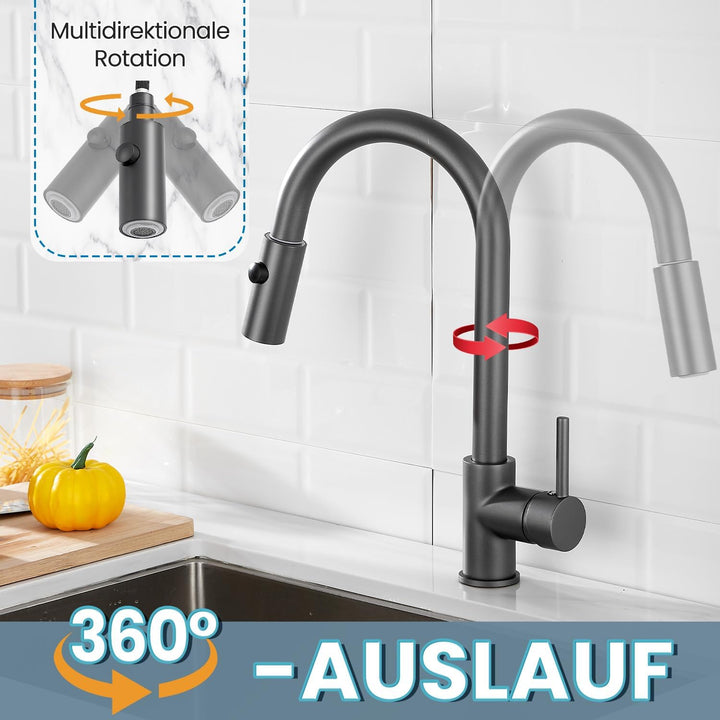 Niederdruck Armatur Küche Ausziehbar Anthrazit,360° Drehbare Küchenarmatur,Wasserhahn mit 3 Anschlue