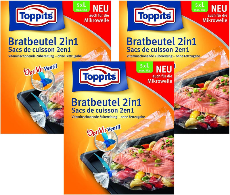 Toppits Bratbeutel 2in1 Large (35 x 43cm), 3er Pack (3 x 5 Beutel)