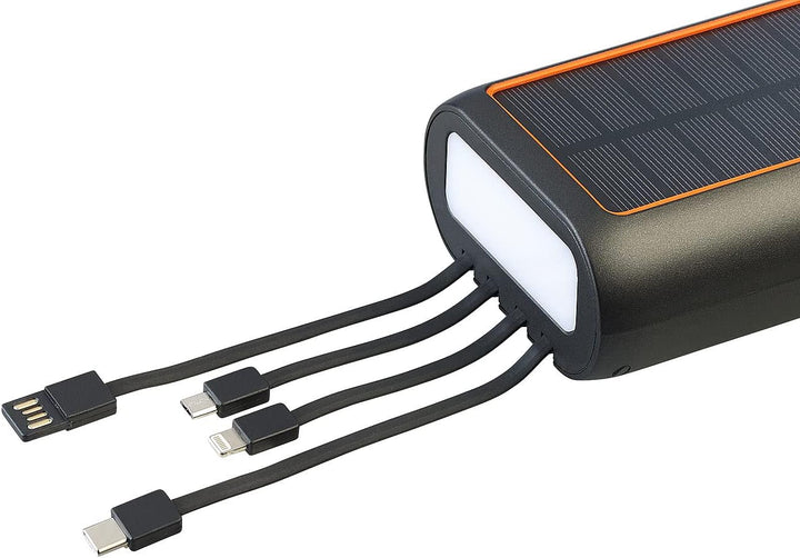 revolt Dynamo Solar Akkupack: Kurbel-Dynamo-Solar-Powerbank, 30.000 mAh, PD 20 W, Super Charge, LED