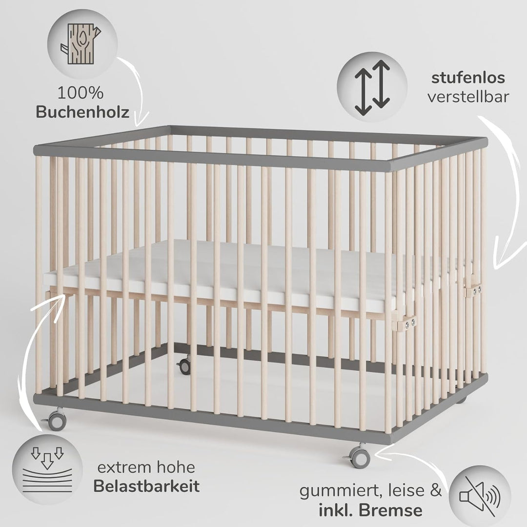 Sämann Baby Laufstall aus Holz I Baby Laufgitter 75x100 cm Grau/Natur I Inkl. Matratze Cloud Air I R