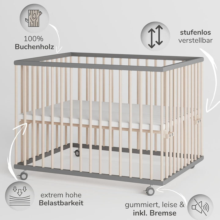 Sämann Baby Laufstall aus Holz I Baby Laufgitter 75x100 cm Grau/Natur I Inkl. Matratze Cloud Air I R