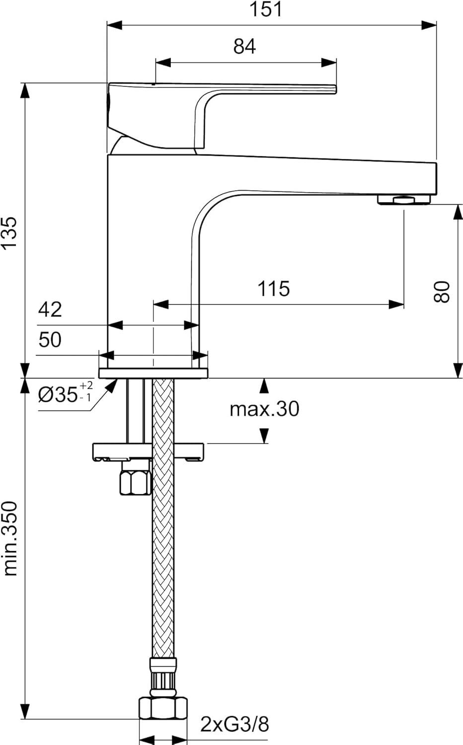 Ideal Standard BC682AA Cerafine D Waschtischarmatur ohne Ablauf, Bad-Wasserhahn mit Auslauf, Mischba