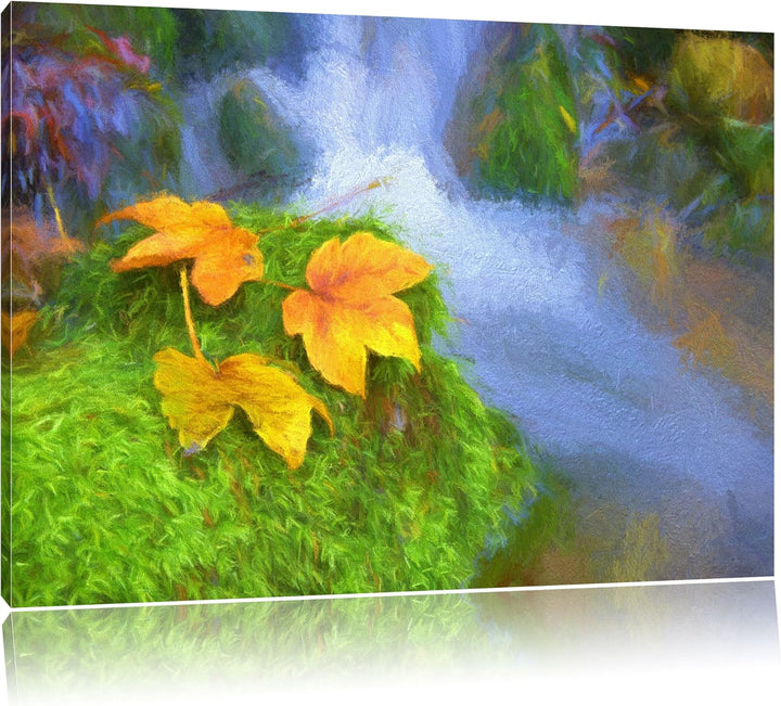 Pixxprint Herbstblätter am Wasserfall Bunstift Effekt, Format: 100x70 auf Leinwand, XXL riesige Bild