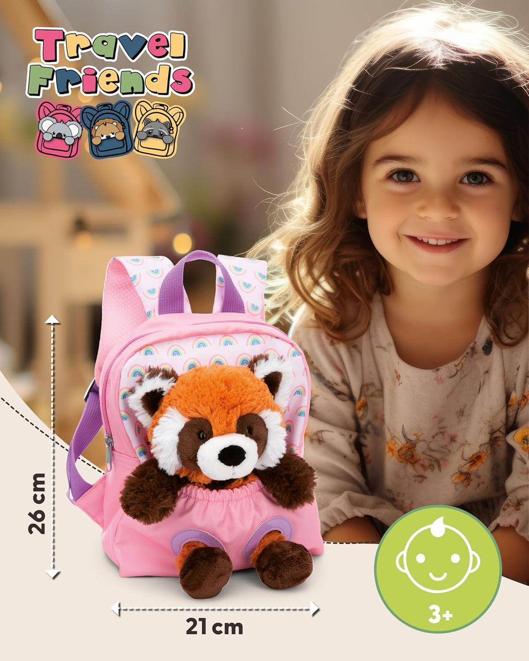 NICI Kinderrucksack rosa 2 in 1 mit Kuscheltier Roter Panda 25cm - Kindergartenrucksack Mädchen & Ju
