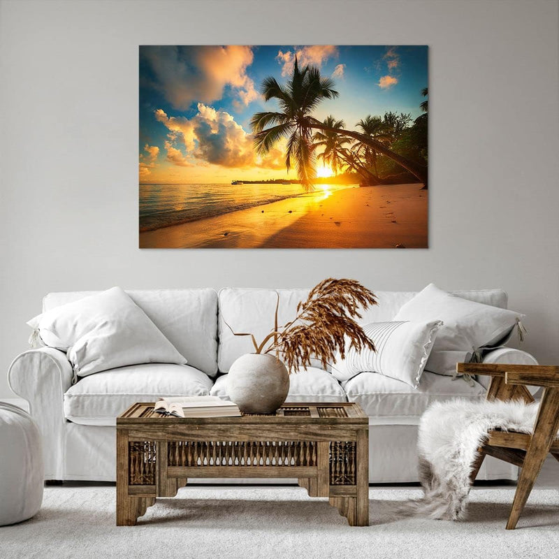 Bilder auf Leinwand 100x70cm Leinwandbild mit Rahmen Meer Strand Palme Gross Wanddeko Bild Schlafzim