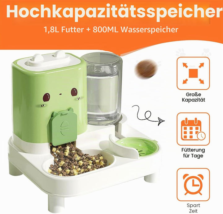Wasserspender Futterspender für Katze und Hund, 2-In-1 Automatischer Trockenfutterspender, Automátic