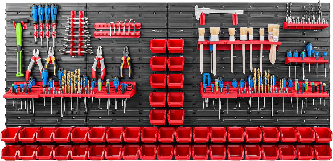 Lagersystem Werkstattregal | 156 x 78 cm | 48 stck. Box | Wandregal mit Werkzeughalterungen und Stap