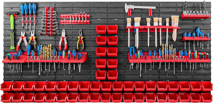 Lagersystem Werkstattregal | 156 x 78 cm | 48 stck. Box | Wandregal mit Werkzeughalterungen und Stap