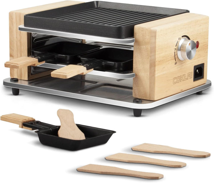 COKLAI Raclette Grill 4 Personen mit antihaftbeschichteter Gestreifte Grillplatte, mini Grill Raclet