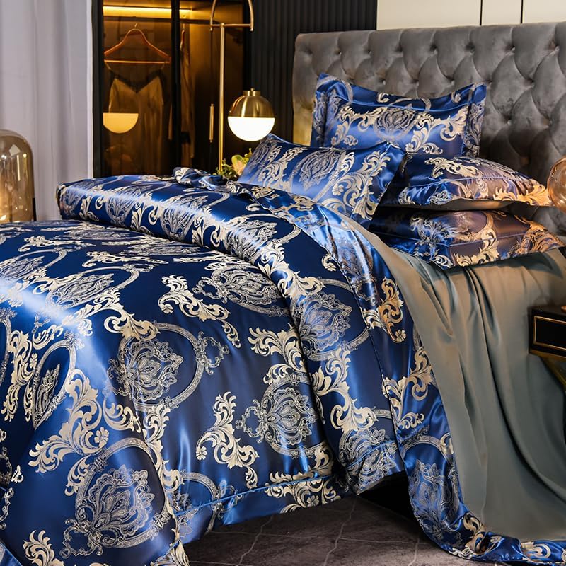 Tospass Bettwäsche 220x240 3Teilig Blau Dunkelblau Jacquard Satin Stickerei Prozess Blumen Bettwäsch