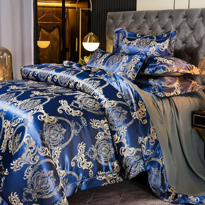 Tospass Bettwäsche 220x240 3Teilig Blau Dunkelblau Jacquard Satin Stickerei Prozess Blumen Bettwäsch