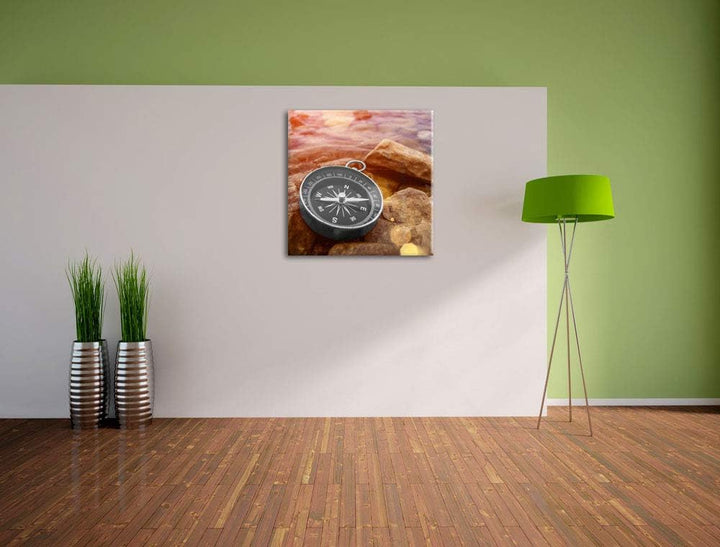 Pixxprint schöner Kompass Heimat schwarz/weiss, Format: 70x70 auf Leinwand, 70x70