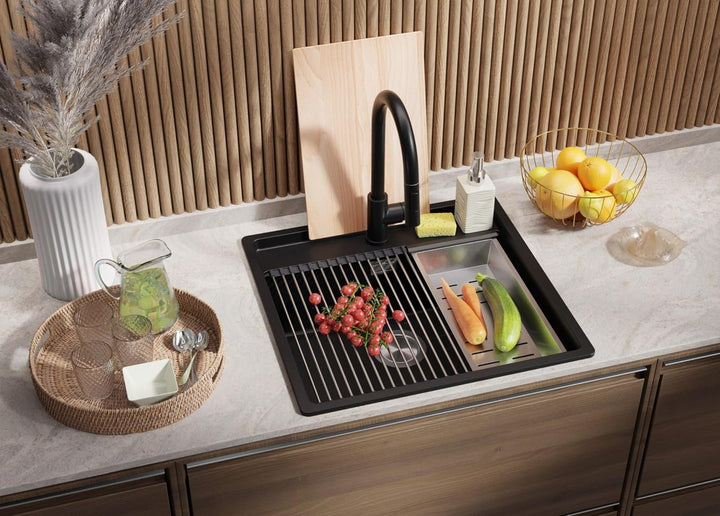 Eckspüle Schwarz 56x53cm, Granitspüle 1 Becken + Ablauf-Set + Schneidebrett, Küchenspüle ab 60er Unt