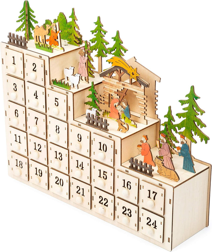 small foot 11392 Adventskalender Weihnachtskrippe, aus Holz, mit Beleuchtung Dekoration, Mehrfarbig,