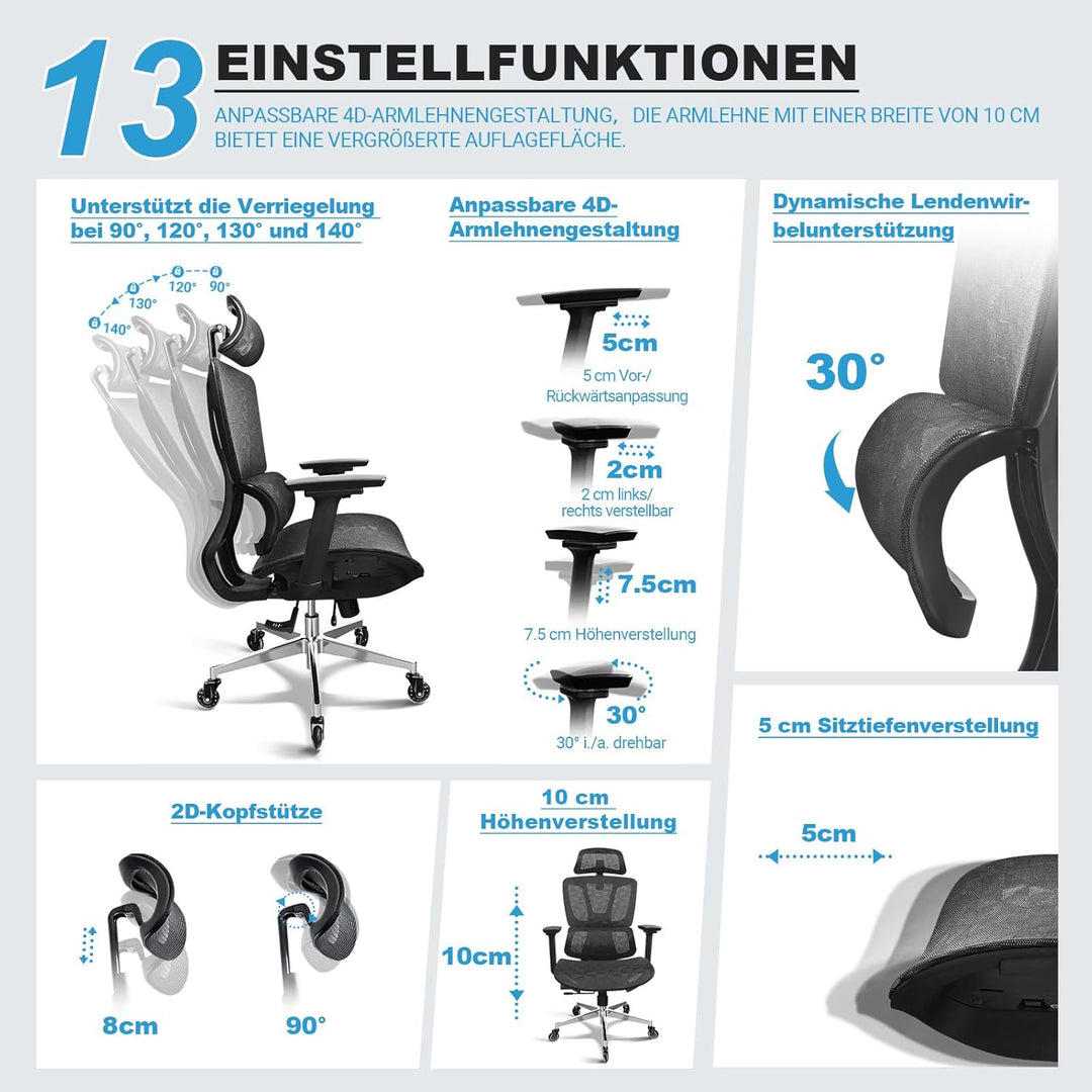 Bürostuhl Ergonomisch, 4D-Armlehnen, Verstellbare Sitztiefe, 4-stufige Neigung, Leise & Leichtgängig