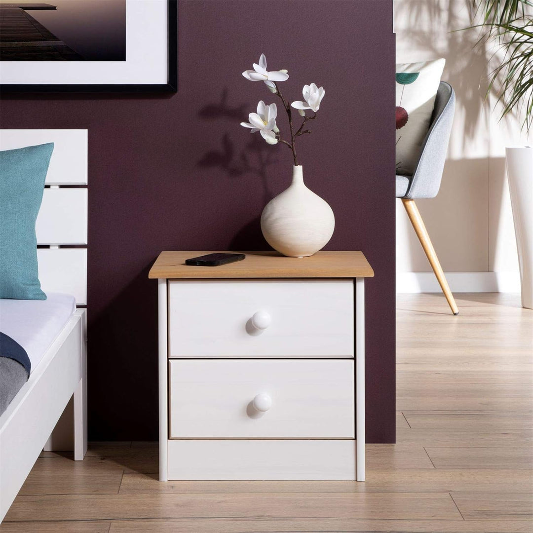 IDIMEX Nachttisch Rondo,Kommode aus Kiefer massiv, weiss/braun lackiert, 2 Schubladen, Landhausstil,