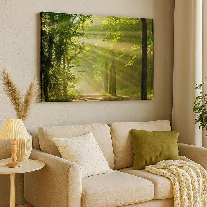 Bilder auf Leinwand 100x70cm Leinwandbild mit Rahmen Wald Baum Natur Gross Wanddeko Bild Schlafzimme
