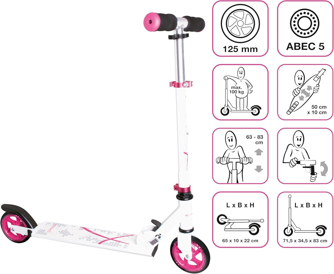 muuwmi Aluminium Scooter – Tretroller, 125 mm, ABEC 5, GS geprüft, höhenverstellbar weiss-pink, weis