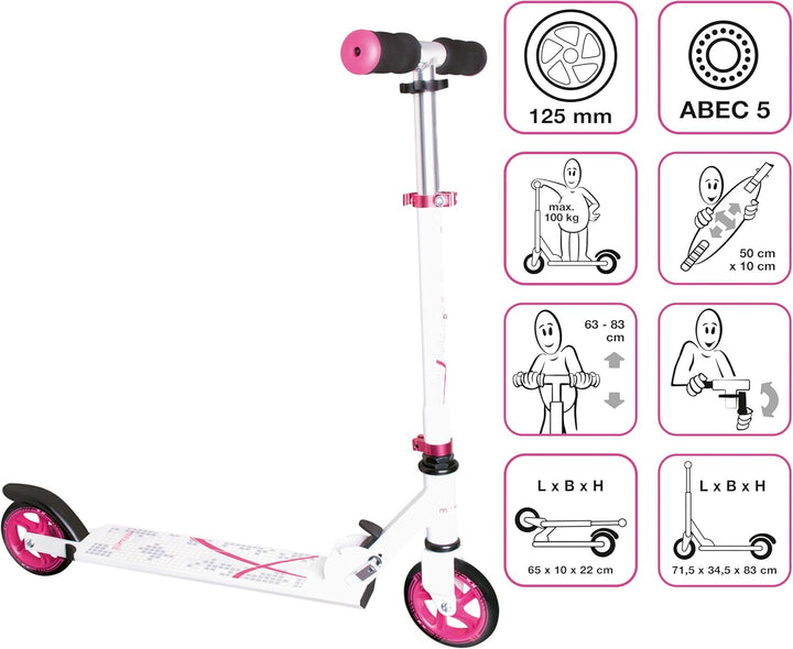 muuwmi Aluminium Scooter – Tretroller, 125 mm, ABEC 5, GS geprüft, höhenverstellbar weiss-pink, weis