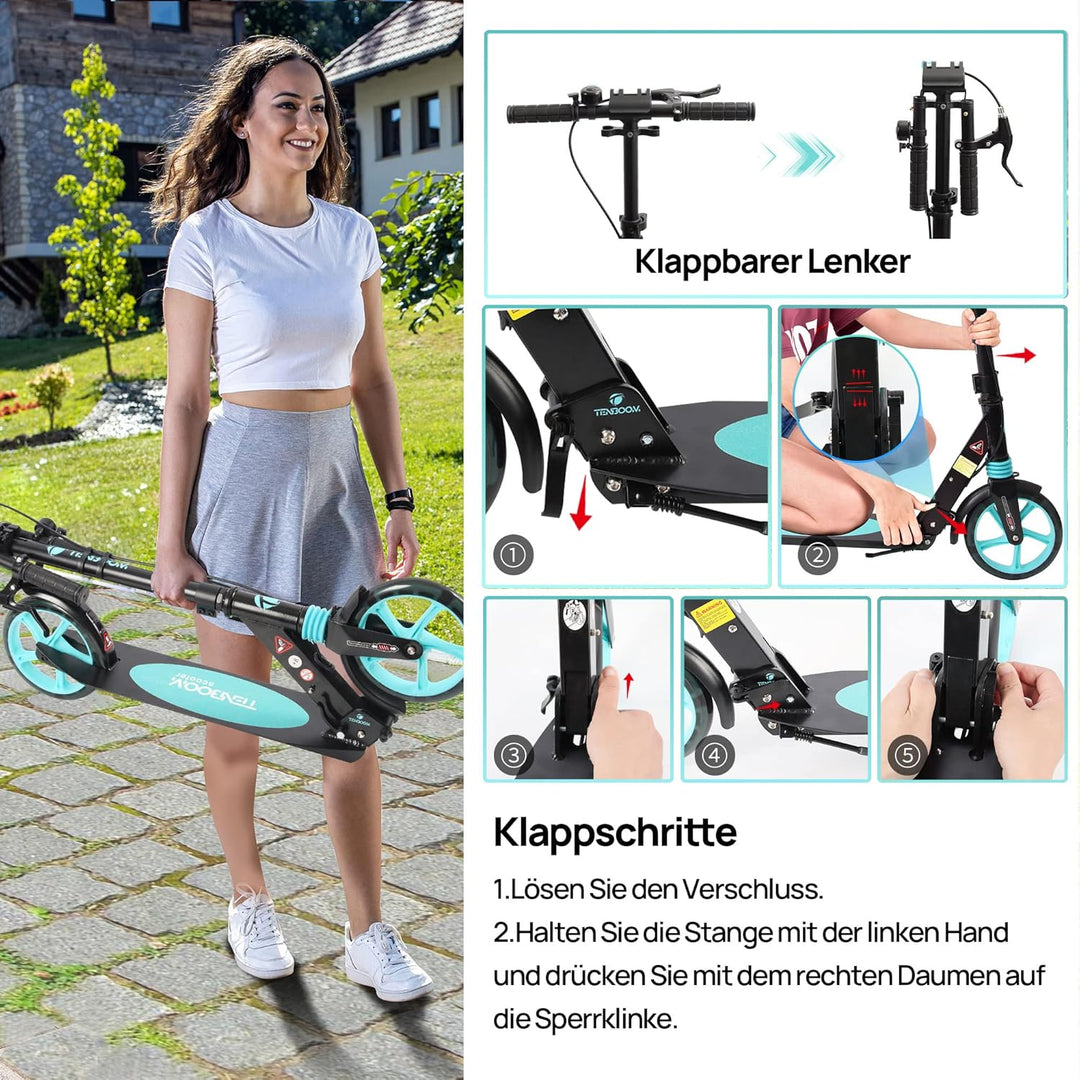 TENBOOM Roller Kinder 10 Jahre, Aluminium Tretroller klappbar Cityroller Höhenverstellbar, Roller Ki
