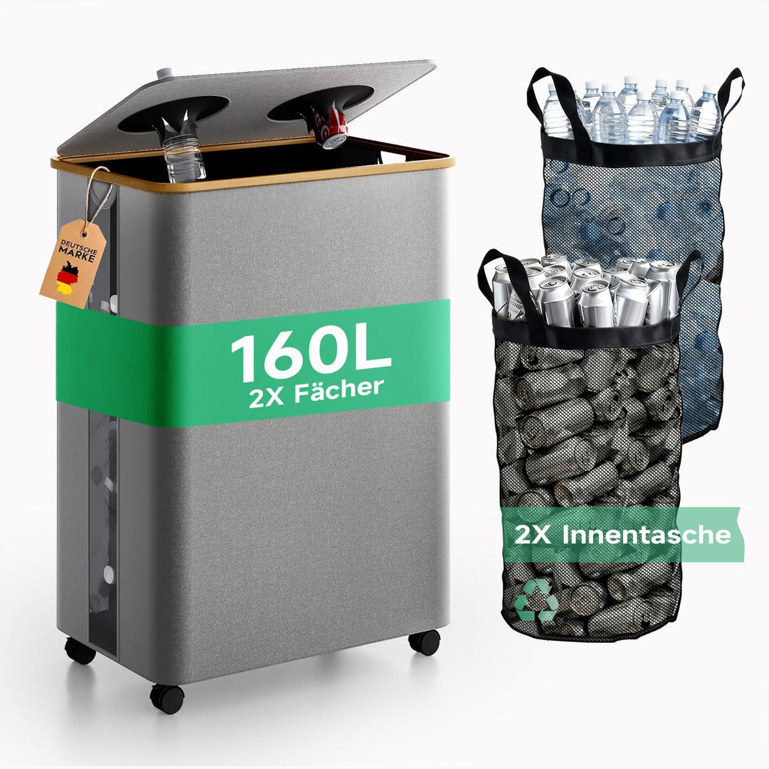 RMAN 160L Pfandflaschen Sammelbehälter mit 2 Fächern & Rollen – Grosser Leergutbehälter mit Deckel &