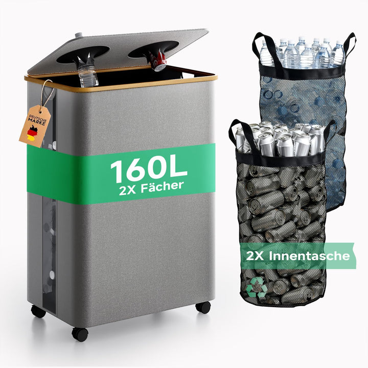 RMAN 160L Pfandflaschen Sammelbehälter mit 2 Fächern & Rollen – Grosser Leergutbehälter mit Deckel &