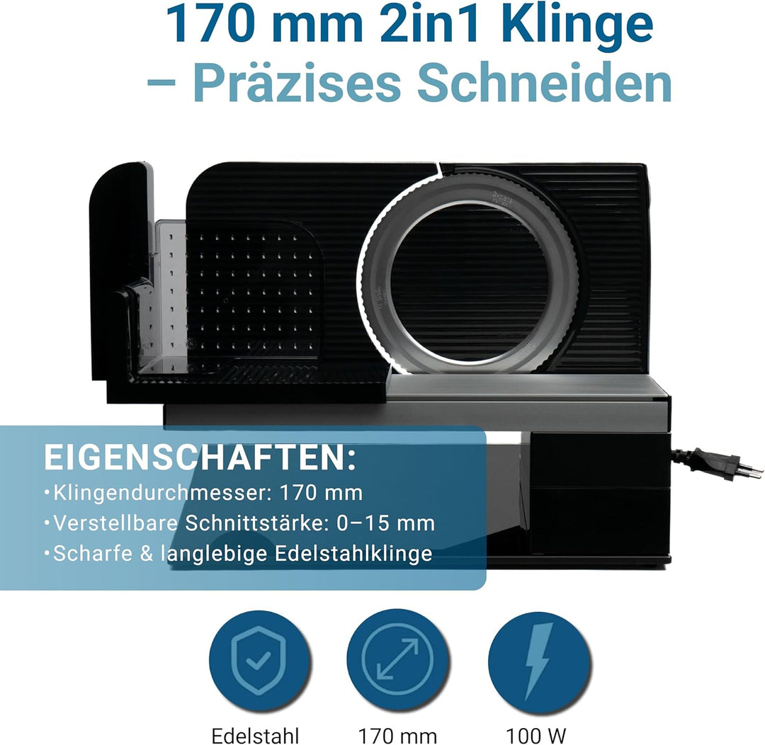 EUREL RS92 SCHWARZ Elektrischer Vollmeall Allesschneider, Made in EU, Grösse Schneidfläche, 2in1 Ede