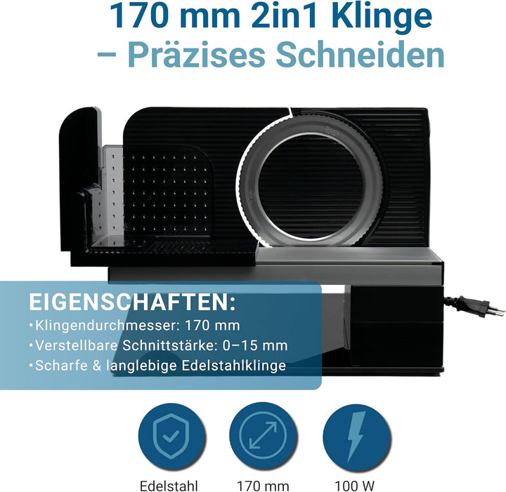 EUREL RS92 SCHWARZ Elektrischer Vollmeall Allesschneider, Made in EU, Grösse Schneidfläche, 2in1 Ede