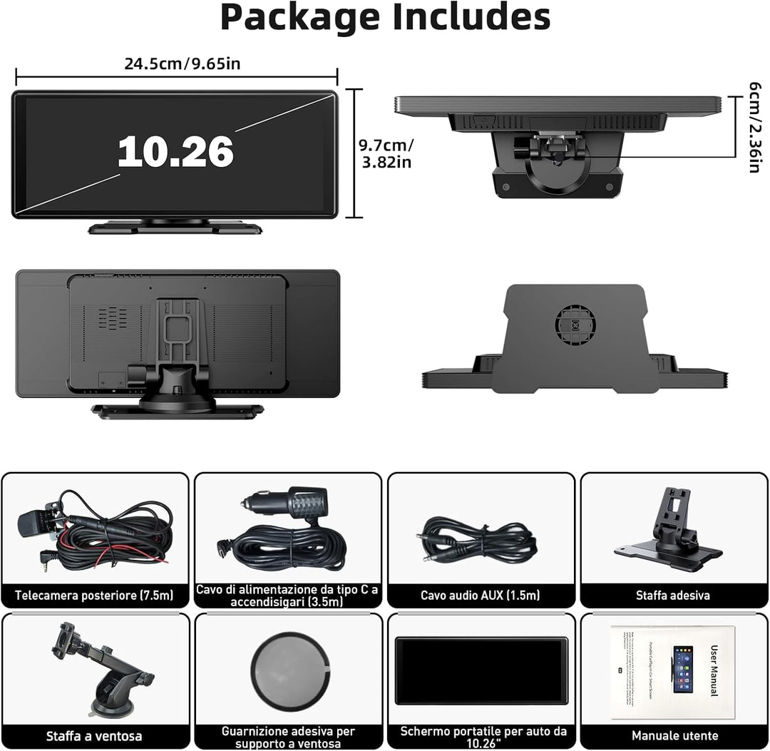 10,26 Zoll CarPlay Display, Tragbarer Car Multimedia Player mit Apple CarPlay & Android Auto, Rückfa