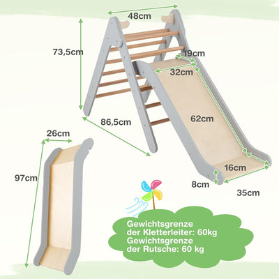 COSTWAY Kletterdreieck mit Rutsche, Klettergerüst aus Holz, Sprossendreieck zum Rutschen und Kletter