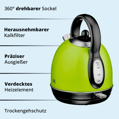 KHG Wasserkocher WK-1711 (L) Lime-Grün, Kessel-Kocher 1,7 Liter, 360° Sockel, herausnehmbarer Kalkfi