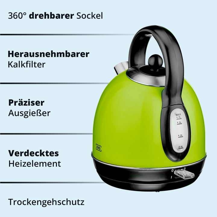 KHG Frühstücksset Wasserkocher &amp; Toaster, Lime-Grün, Kessel-Kocher 1,7 Liter, 360° Sockel, Kalkfilte
