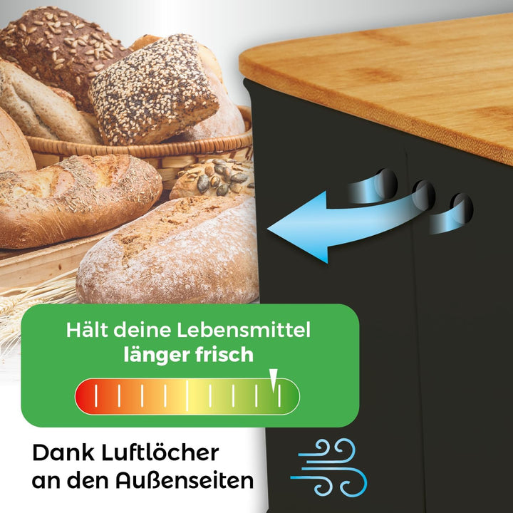 Lumaland Cuisine Brotkasten | Brotdose aus Metall mit Bambus Deckel | Brotbox rechteckig 30,5 x 23,5