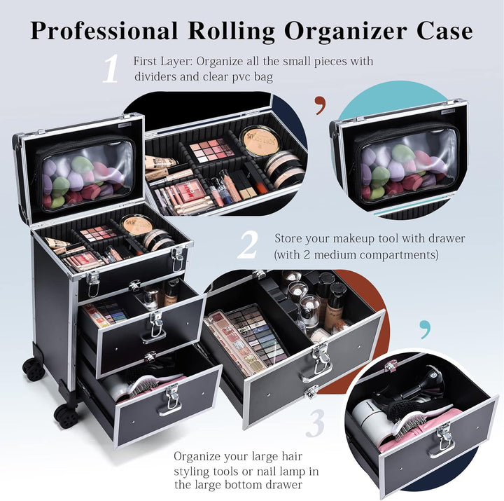 Kosmetik Trolley mit 2 Schubladen Friseurkoffer Gross Kosmetikkoffer Ngaelkoffer Make up Koffer mit
