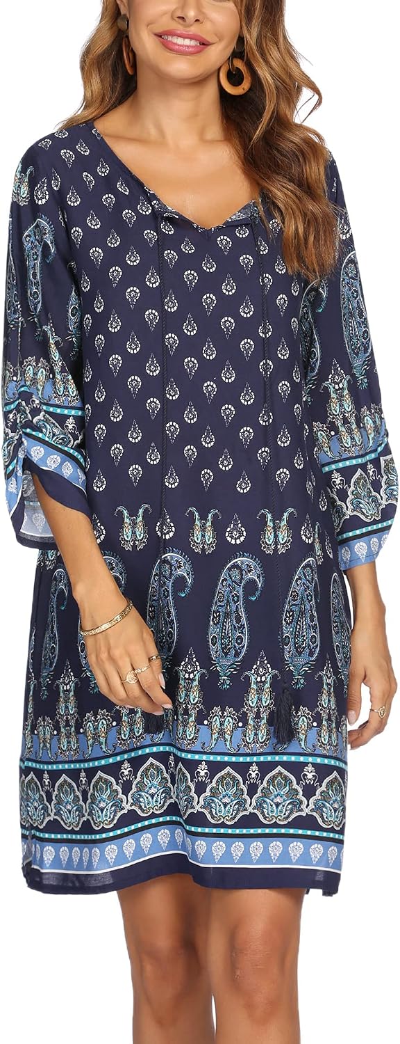 Beyove Damen Bohemian Tunika Kleid Strandkleid Sommerkleider Vintage Strandtunika 3/4-Arm Rundhals K