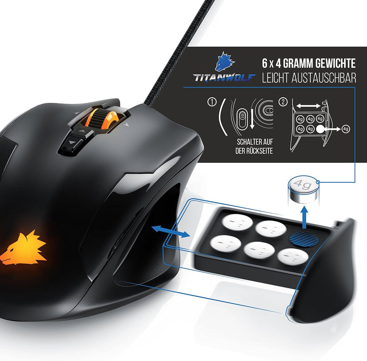 Titanwolf - Gaming Optical Mouse mit 12 programmierbare Tasten - Maus mit 10800 DPI Abtastrate - Hig