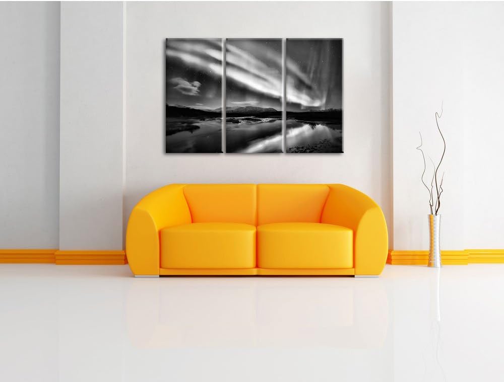 Pixxprint Monocrome, Polarlichter in Skandinavien 3-Teiler Leinwandbild 120x80 Bild auf Leinwand