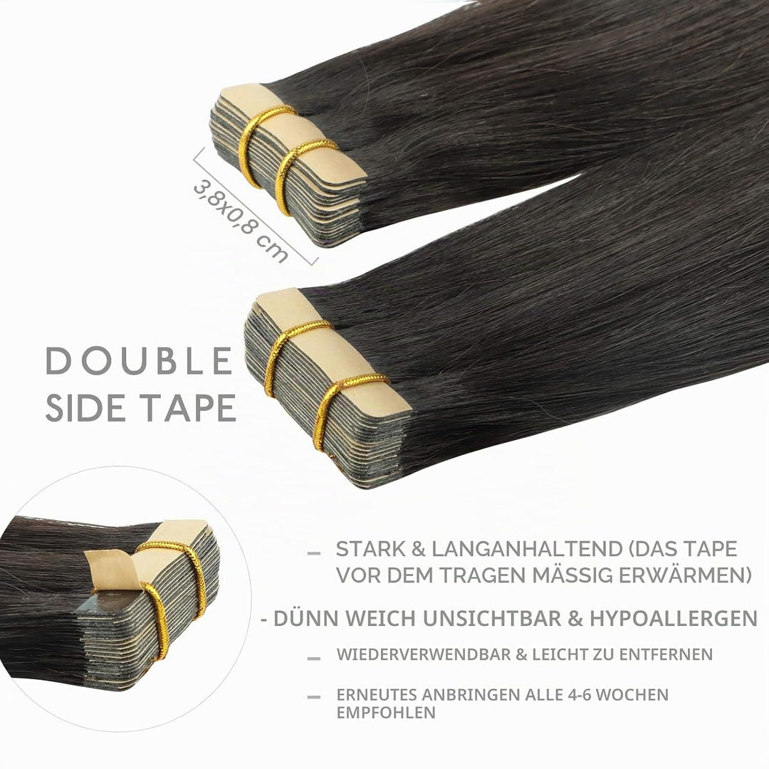 WENNALIFE Tape Extensions Echthaar, 20pcs 50g 60cm 24 Zoll Natürliches Schwarz Remy Invisible Tape E