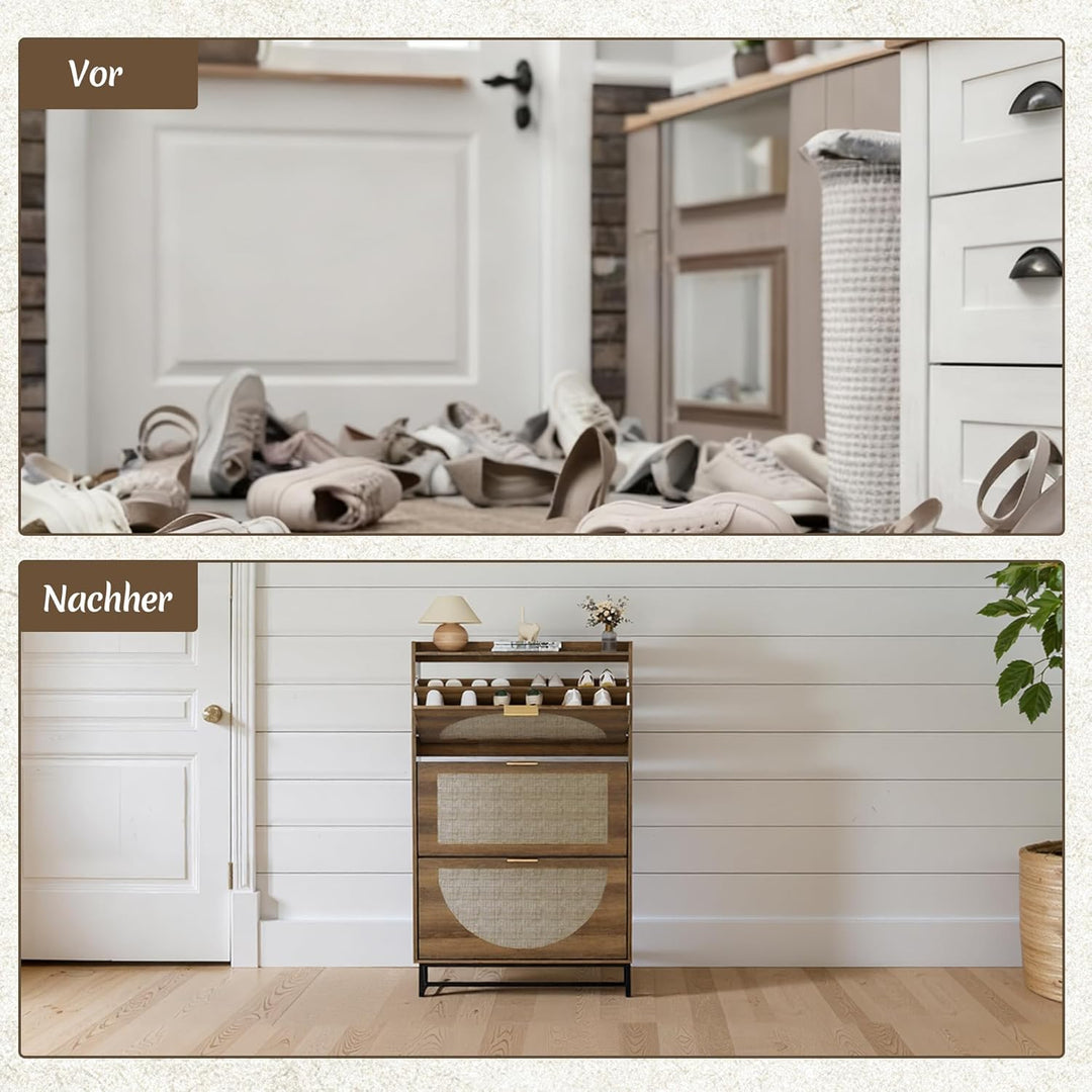 Rattan Schuhschrank Schmal, Schuhregal mit 3 Klappen, Schuhkipper mit Verstellbar, Schuhaufbewahrung